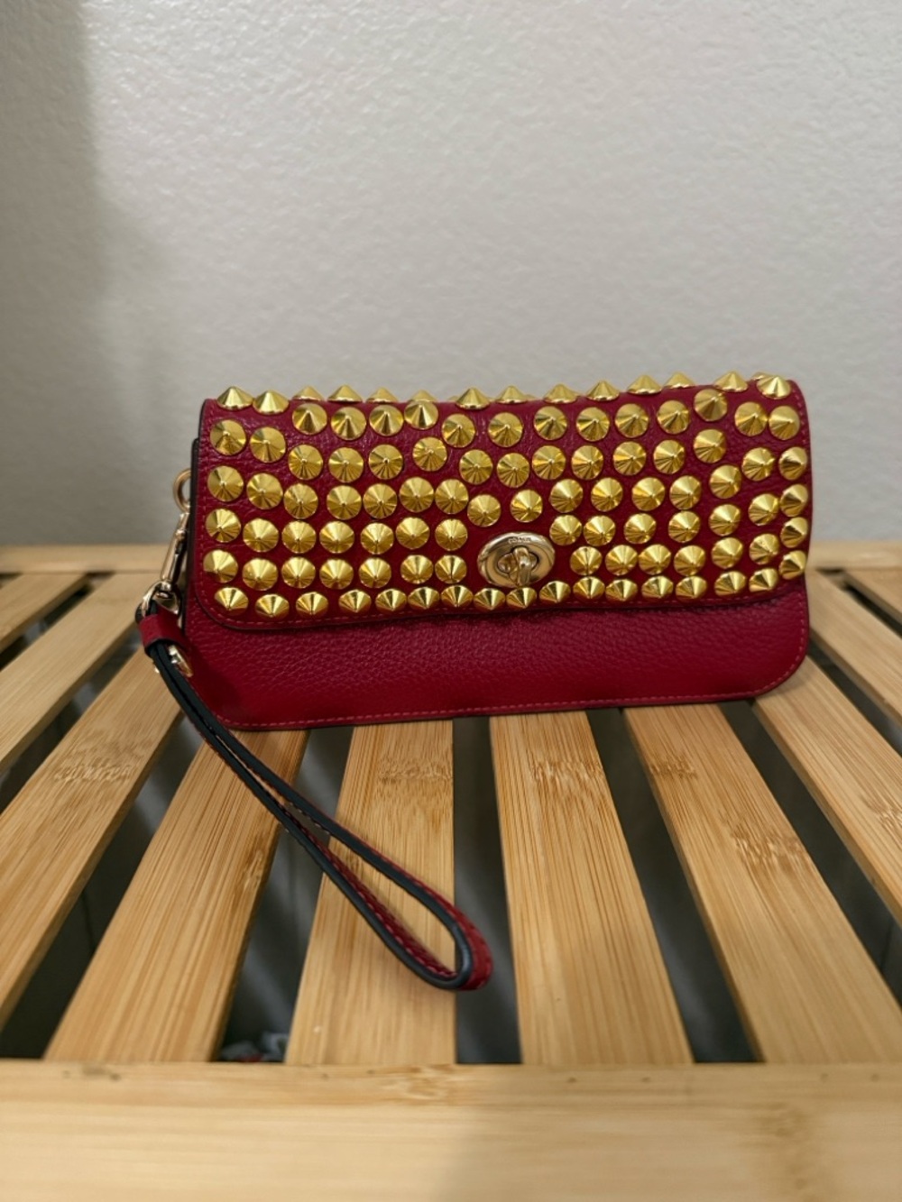 Coach Originals Wristlet Red Leather
Turnlock Clutch with studs